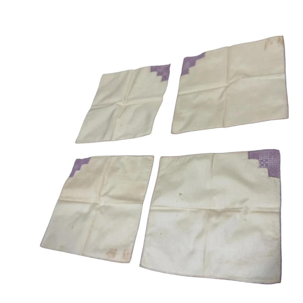 VTG White Linen Napkins Handkerchiefs Hand Crochet Purple Lace Corner Trim #4